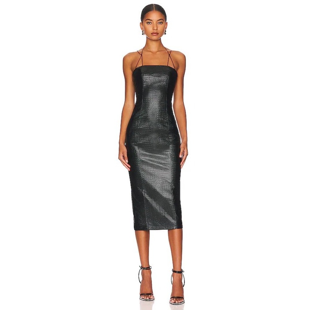 MISHA Tiffany Black Croc Embossed Faux Leather Midi Dress Square Neck Strappy